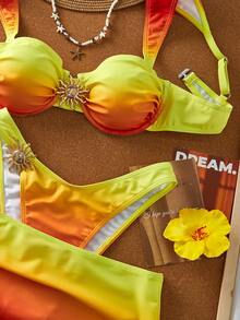 3 PiecesSolid Color Tankini Swimwear Set, Wide Strap Design With Underwire For Comfortable Support, Fashionable Beach Style - Orange Gradient - View 3