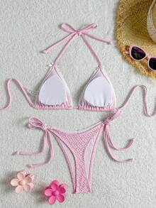 Bộ đồ bơi 2 mảnh màu hồng ngọt ngào đính nơ - Bikini màu hồng tinh tế với điểm nhấn nơ nhỏ xinh, hoàn hảo để mặc đi biển nghỉ dưỡng - Hồng - Xem 7