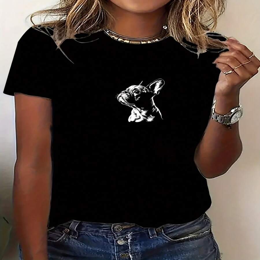 Women's French Bulldog Print T-Shirt - Brown Dog Design, Soft And Breathable Fabric, Casual And Formal Wear For All Seasons, Multiple Colors Available, Clothing For Dog Lovers - 黑色 - 查看 1