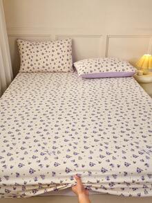 1pc Purple Floral Rabbit Pattern Fitted Sheet, Modern Fashion Mattress Protector, Soft And Breathable, -Twin, Full, Queen, King, Deep Pocket Design Up To 11.8 Inches, Machine Washable. Back To School, Dorm Essentials - Mauve Purple - View 2