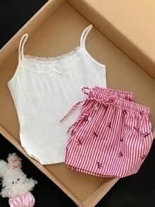 Conjunto informal de 2 piezas de mujer con camiseta de tirantes a rayas y shorts, para verano - Rojo - Ver 1