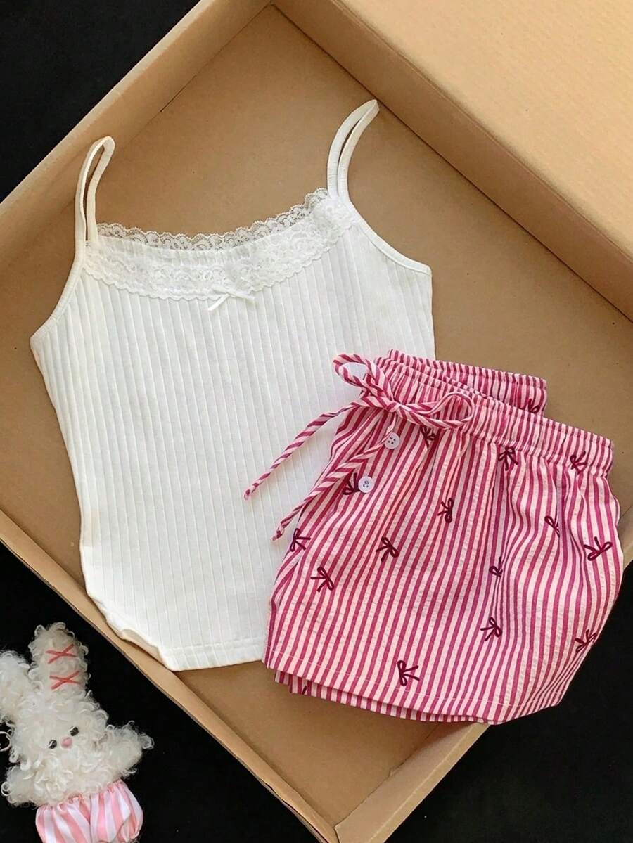 Conjunto informal de 2 piezas de mujer con camiseta de tirantes a rayas y shorts, para verano - Rojo - Ver 1
