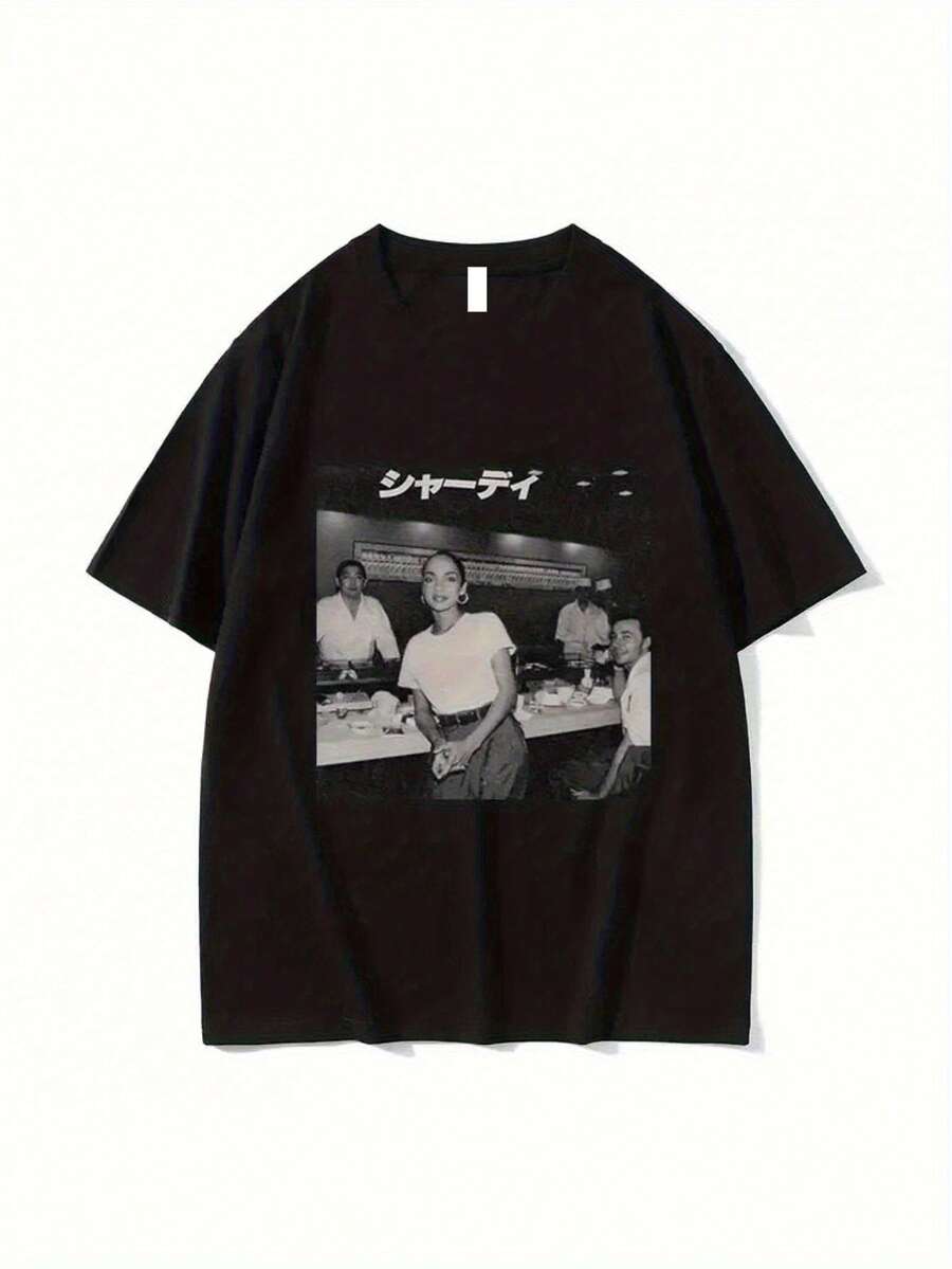 Unisex Vintage Style90Age S-Sade Singer Logo T Shirt--Oversized Black Vintage Music Shirt,Printed With An Iconic Design90The Beatles Photo Pattern,Casual Round Neck Summer Streetwear,Suitable For Hip-Hop Enthusiasts. - Black - View 1