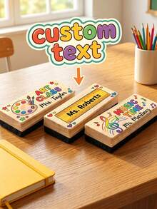 Custom Engraved Wooden Whiteboard Erasers With Music, Art & Ruler Patterns. Solid Wood Body, Felt Surface, Durable And Customizable With Names & Subjects. Perfect Teachers' Day, Back-To-School And Graduation Gifts For Classroom & Office Use. - Multicolor - View 1