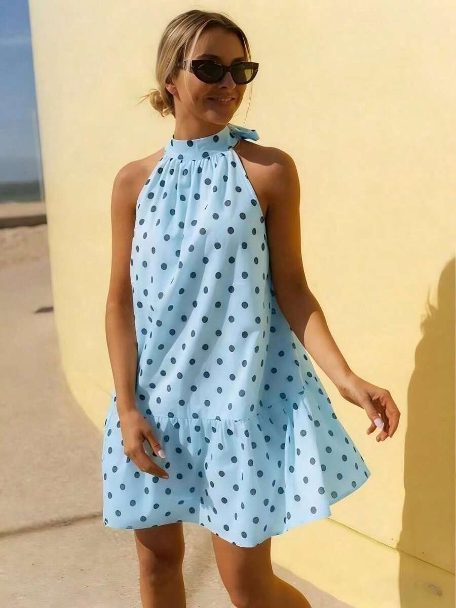Vestido casual suelto de estilo vacacional con estampado de lunares, cuello con lazo y hombros descubiertos, elegante para primavera y verano (el estilo es ligeramente holgado, se recomienda pedir una talla menos para un aspecto talla grande ajustado) Fiesta - Celeste - Ver 1