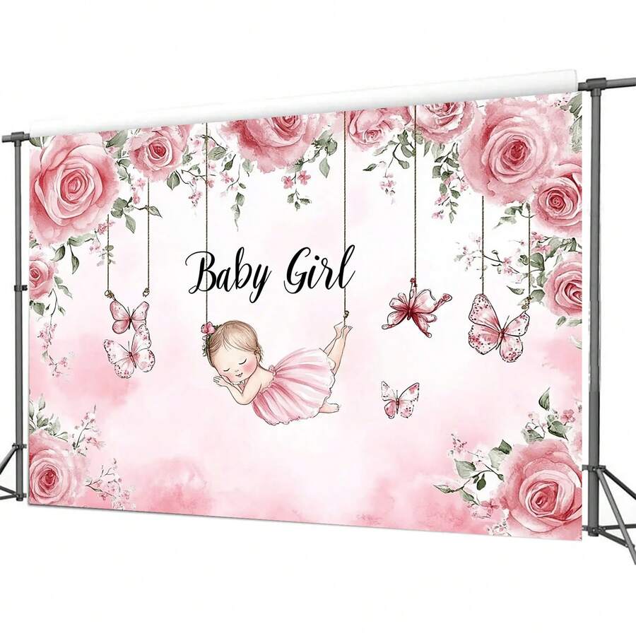 1件粉色女嬰派對背景布 2D攝影背景,含玫瑰、蝴蝶與「Baby Girl」文字,聚酯纖維材質,無需電源,適合嬰兒洗禮、生日、週年紀念 - 11 - 查看 1