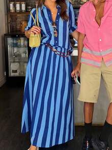 2pcs New Elegant Striped Bohemian Casual Suit, Versatile For Beach, Vacation, Daily Wear, Dates, Street Style, All Seasons - Blue - View 4