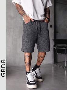 Pantalones cortos casuales de hombre GRDR con cordón, tejido negro lavado y texturizado - Negro - Ver 3