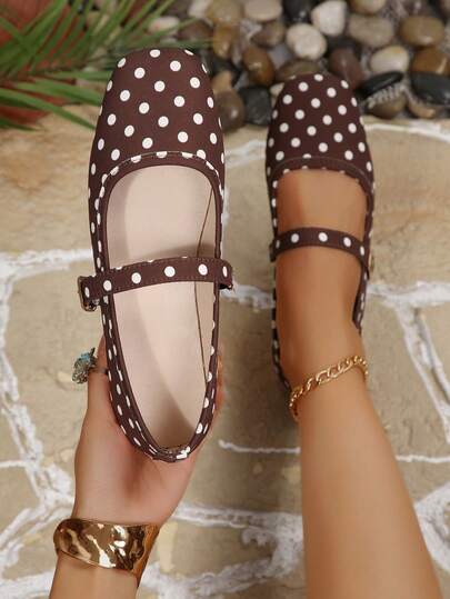 Women's Coffee Brown Polka Dot Elastic Band Buckle Decor Flat Slip-On Shoes, Square Toe Mary Jane Comfortable Versatile Loafers