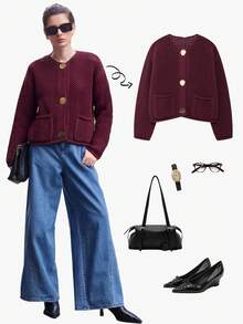 Áo khoác cardigan nữ dáng rộng, tối giản, đa năng, đính cúc kim loại, chất liệu dệt kim dày dặn, phù hợp cho mọi mùa. - Màu Đỏ Sâu - Xem 2
