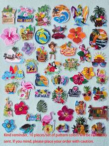 10/15pcs Random Pattern Hawaiian Theme Embroidered Patch Applique Clothing Accessories DIY Bag Shoe Hat Planner Notebook Home Decor Stickers Random Color Iron-On Patch But Sewing Is More Durable - Hawaiian Style - View 11