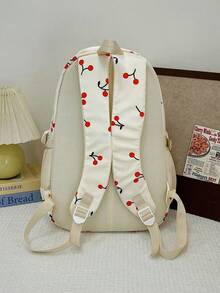 3pcs/Set White Nylon Casual Fresh Strawberry, Bow, Cherry Print Jacquard Drawstring Zipper Large Capacity Foldable Multi-Pocket Backpack Set, Suitable For Women Daily Matching, College Students, Training, School, Shopping, Travel - White - View 9