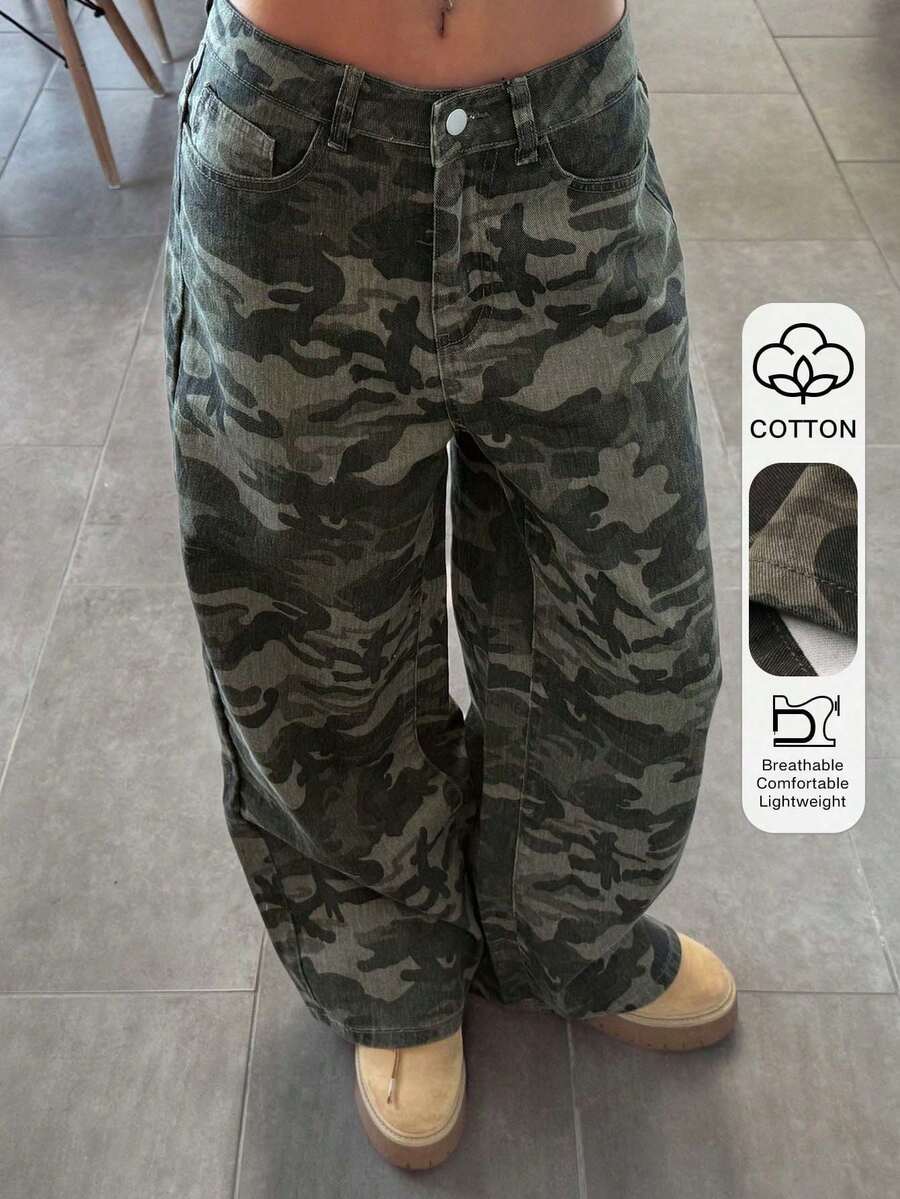 Jeans azules de algodón con estampado de leopardo, sueltos y casuales, adecuados para atuendos de primavera y verano - Verde militar - Ver 1