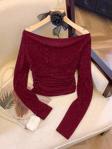 Camiseta de punto de un hombro para mujer, otoño - Burdeos - Ver 1