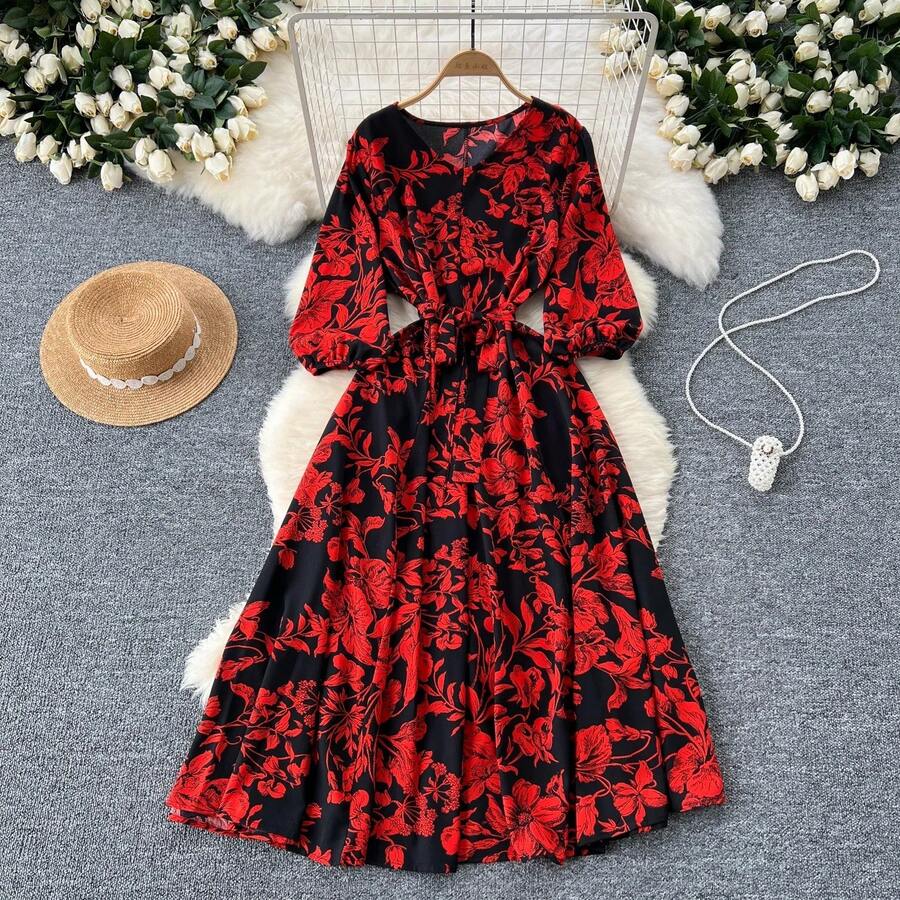2026Vestido largo plisado con estampado Floral para mujer, traje elegante bohemio con cuello en V, manga abombada y cinturón, Verano - Rojo - Ver 1