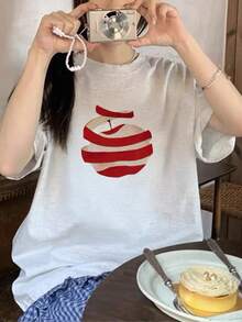 Nueva camiseta de verano para mujer con diseño de manzanas, versátil, de manga corta, corte holgado informal, adecuada para usar como prenda exterior, top de hombros regulares. - Blanco - Ver 2