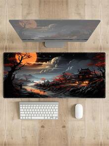 Japanese Temple Red Maple Moon Night Gaming Mouse Pad, Large Extended Desk Mat With Anti-Slip Rubber Base & Locking Edge, Halloween Decorations And Gifts - View 1