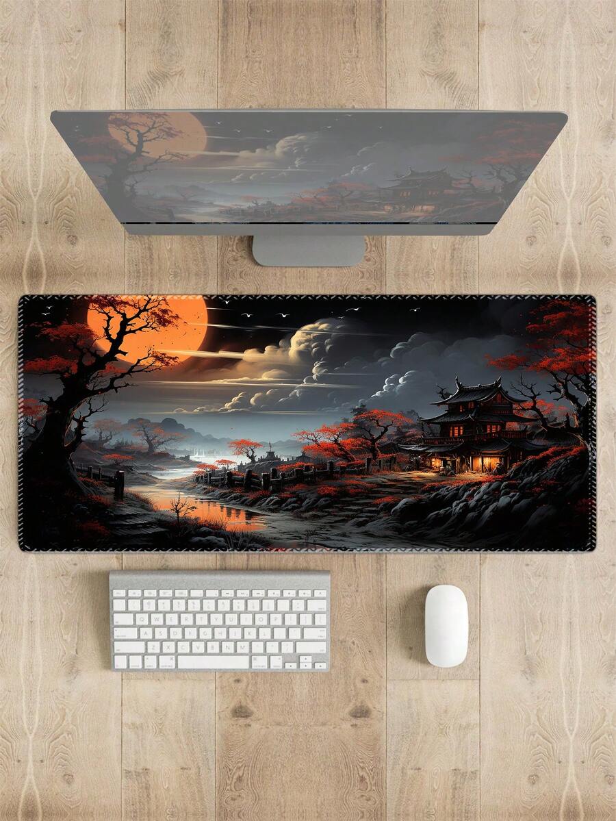 Japanese Temple Red Maple Moon Night Gaming Mouse Pad, Large Extended Desk Mat With Anti-Slip Rubber Base & Locking Edge, Halloween Decorations And Gifts - View 1
