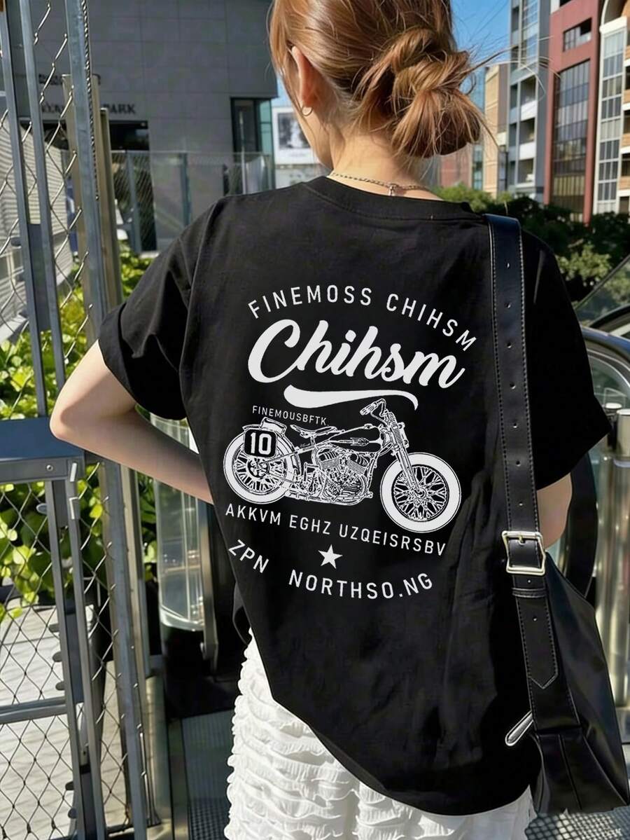 Women's Fashion Loose Round Neck Casual Motorcycle Letter Print Short Sleeve T-Shirt, Summer Black - Black - View 1