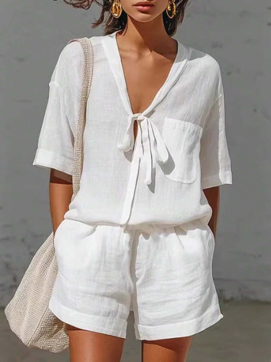Women's Summer Solid Color Open-Tie Short-Sleeved Loose Shirt Shorts Two-Piece Set Suitable For Daily And Beach Wear,Easy And Chic Matching Lace-Upset - 白色 - 查看 1