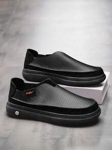 Men's Breathable Comfortable Perforated Casual Shoes, Versatile Slip-On Loafers, Suitable For Summer, Work, Travel, Driving - Black - View 17