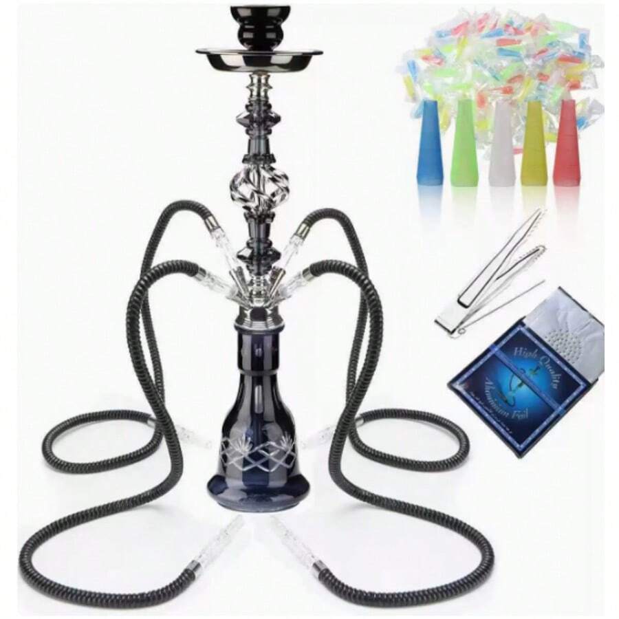 New Portable Complete Hookah Set With Bowl, Hose, Charcoal Tray And Tongs. Available In 1/2/4-Hose Options, Featuring Glass Body & Acrylic Stem With Metal Fittings. No Power Needed, Ideal As Holiday Gifts For Home, Bar, Nightclub, KTV - 黑色 - 查看 1