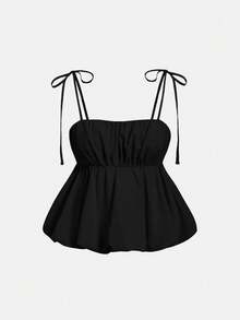 MOD Top con dobladillo de pompón rosa para mujer, camisola de verano, San Valentín, top de tirantes de gasa rosa, top para invitada de boda, tela de poliéster suave, estilo babydoll sin mangas, look femenino y romántico, fiesta de despedida de soltera, fiesta de cóctel, cita nocturna, vacaciones de verano, elegante y casual - Negro - Ver 1
