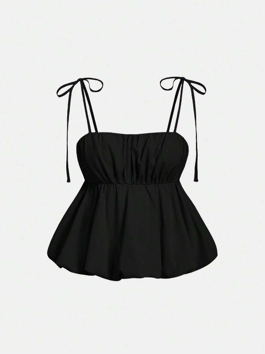 MOD Top con dobladillo de pompón rosa para mujer, camisola de verano, San Valentín, top de tirantes de gasa rosa, top para invitada de boda, tela de poliéster suave, estilo babydoll sin mangas, look femenino y romántico, fiesta de despedida de soltera, fiesta de cóctel, cita nocturna, vacaciones de verano, elegante y casual - Negro - Ver 1
