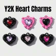 6/12pcs Y2K Black&Pink Color Rhinestone Heart Alloy Pendant DIY Jewelry Making Accessory Sweet Cool Charm - Y2k - View 1