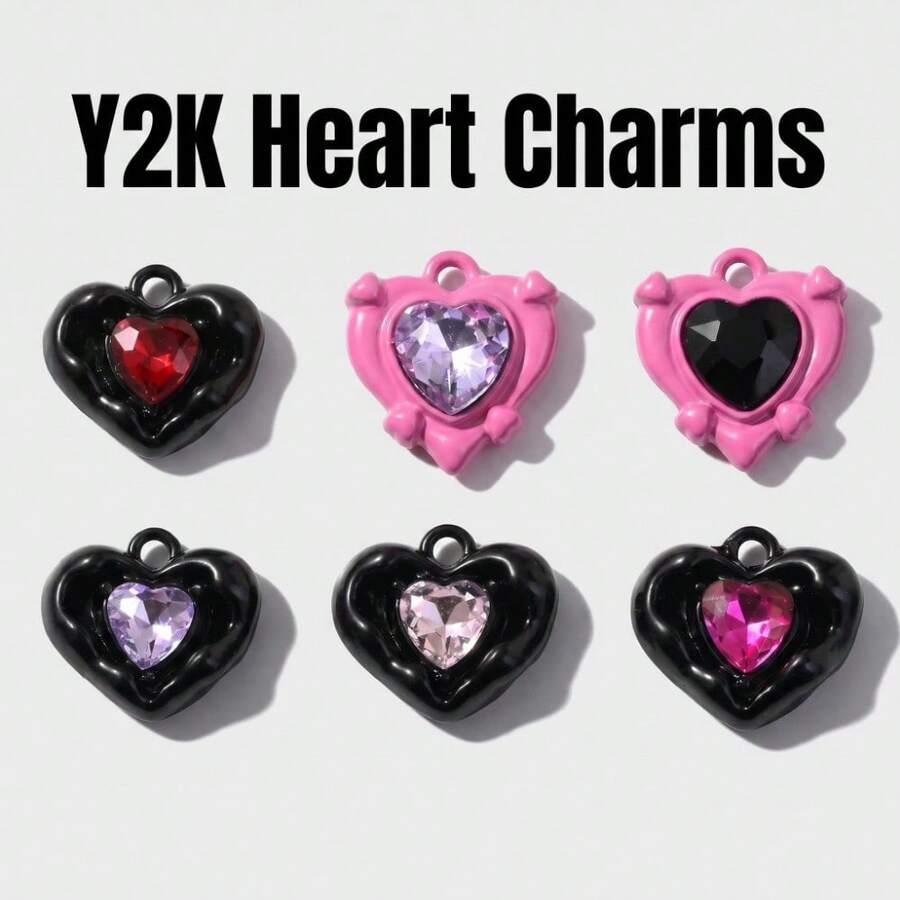 6/12pcs Y2K Black&Pink Color Rhinestone Heart Alloy Pendant DIY Jewelry Making Accessory Sweet Cool Charm - Y2k - View 1