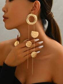 1 par de pendientes colgantes geométricos circulares martillados, pendientes largos con borlas de moda personalizados - Dorado - Ver 4