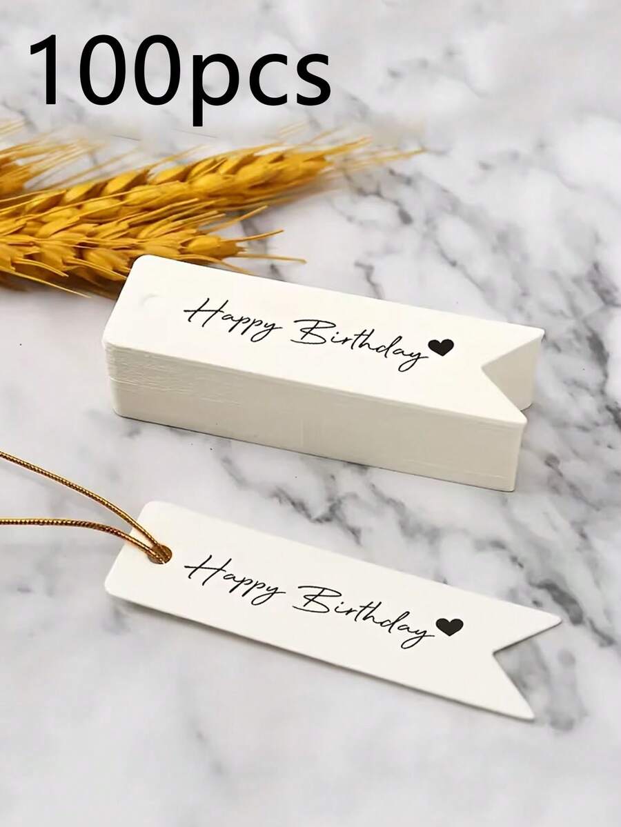 100入白色牛皮紙「Happy Birthday」愛心造型禮品吊牌,多用途生日掛卡與禮物標籤,適合裝飾生日花束、禮品袋及手工藝品 - 均碼 - 查看 1
