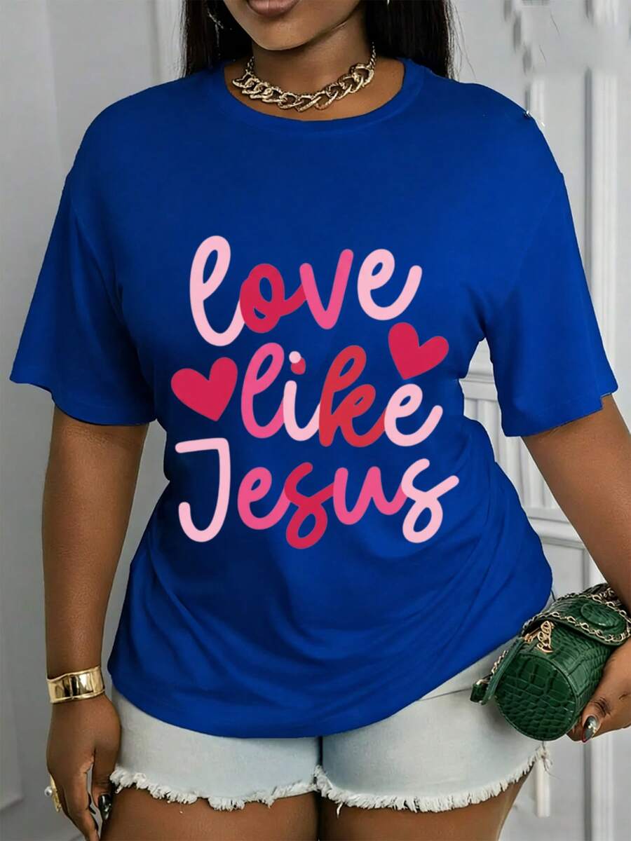 Women's 100% Cotton Short-Sleeved T-Shirt With A Round Neck And A "Love Like" Print. This Stylish Top Features A Casual Round Neck Design, Is Made From Soft, Stretchy Fabric, And Is Machine Washable. A Modern And Versatile Garment, Suitable For All Seasons. Lightweight, Breathable, And A Summer Bestseller. - 藍色 - 查看 1