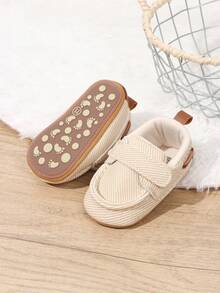 1 Pair Boys Solid Color PU Hook And Loop Design Flat Non-Slip Casual Shoes 0-1 Years Old Infant Walking Shoes White Shoes Newborn Infant Shoes Suitable For Spring And Autumn - Beige - View 4
