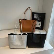 Bolso de Cuero Genuino para Mujer, Elegante Bolso de Mano y de Hombro para Oficina, Citas y Fiestas, Textura con Letras Grabadas 2026, Gran Capacidad, Nuevo y Moderno, Retro, Bolso de Hombro Único para Viajes Diarios - Plateado - Ver 3