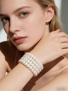 1 pieza Pulsera de perlas de moda multicapa - Blanco - Ver 9