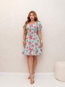 RAINBOW Women's Short Princess Floral Dress With Puff Sleeves And Elasticated Fabric - Elegant Fashion - One Size Fits 36-42 (Brazilian Sizes) - Crepe Fabric - 88-VERDE/PINK - 查看 5