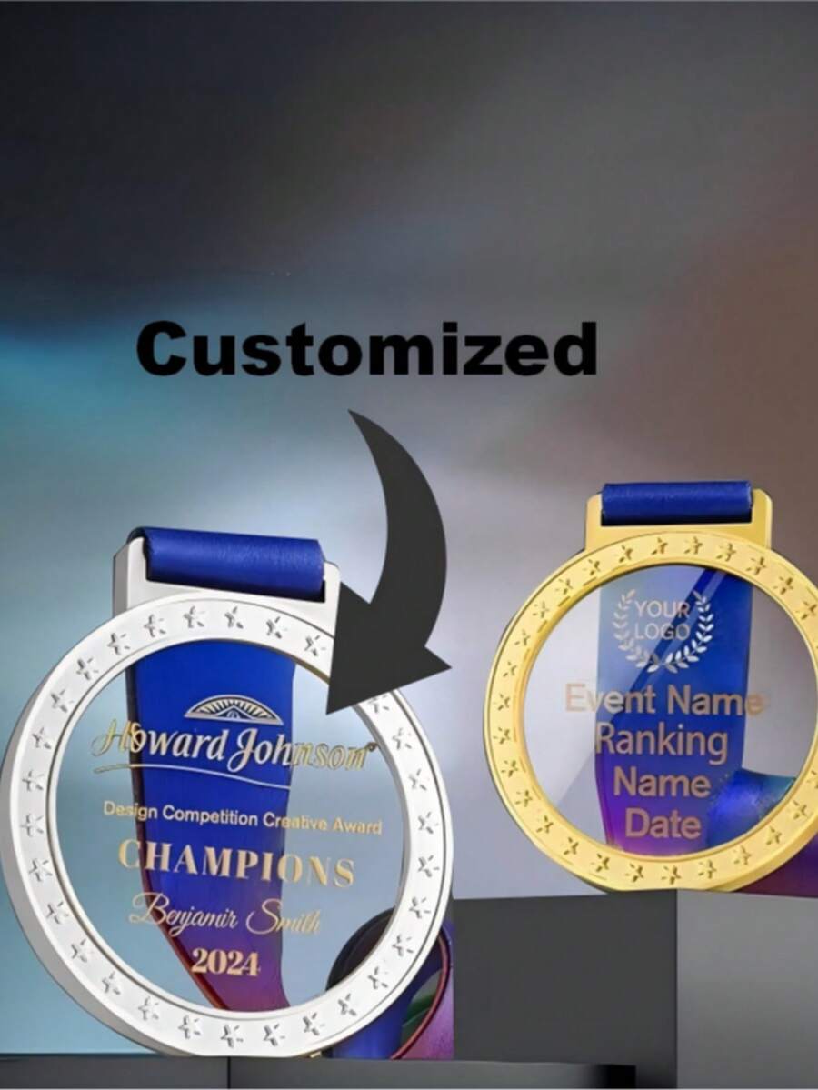 1pc Personalized Metal Frame Star Crystal Medal, Customizable Colorful Logo Creative Crystal Medal Award Sports Trophy, Gold Silver Bronze Medal, DIY Color Print Custom Pattern, Suitable For Sports Trophy, Student Souvenir, Perfect Gift For Christmas And Thanksgiving - Gold - View 1