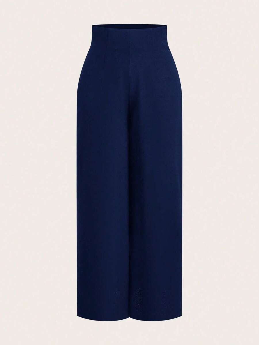 PETITE Pantalones de pierna ancha de textura de cintura alta, de estilo casual y sencillo, apropiados para ir a la escuela o para ir y venir al trabajo - Azul marino 2 - Ver 1