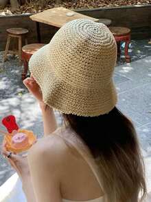 1件式女款透氣鉤編草編遮陽帽 可折疊百搭海灘旅行帽 適合戶外日常春夏季配戴 - A - 查看 2