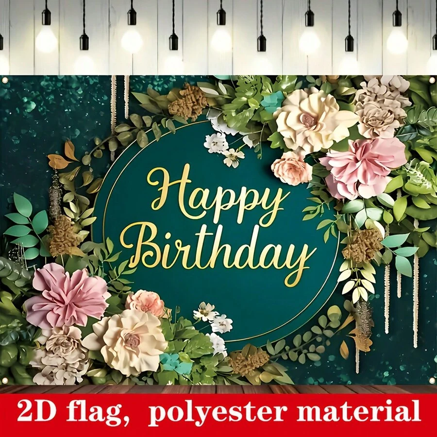 1pc 2D Flag Banner Birthday Decoration, Floral Birthday Photography Backdrop Green Leaf Decor Banner Surprise Party - 6 - View 1