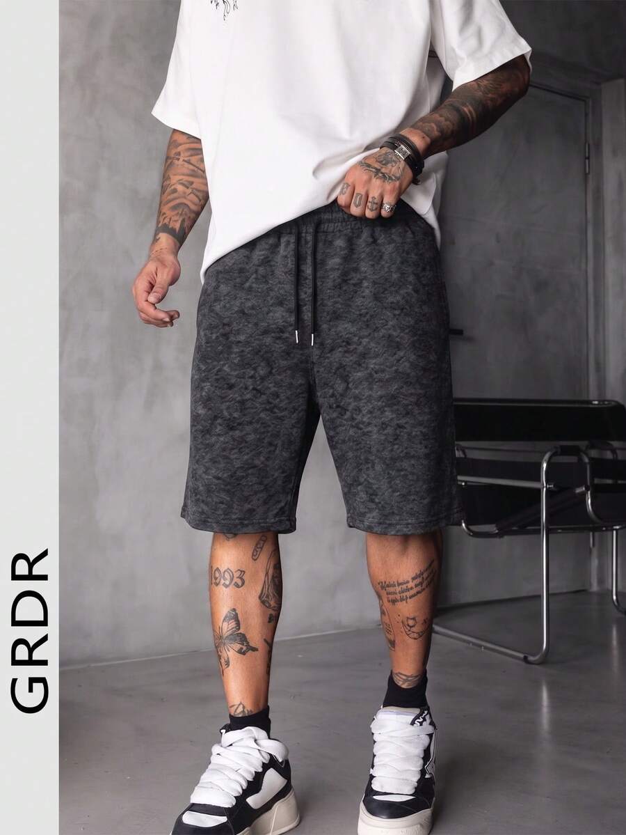 Pantalones cortos casuales de hombre GRDR con cordón, tejido negro lavado y texturizado - Negro - Ver 1