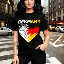 Camiseta de mujer con estampado de corazón con pinceladas de la bandera alemana y texto "GERMANY" - camiseta casual de manga corta con ajuste cómodo y estilo urbano, ideal para paseos por la ciudad, viajes o salidas diarias - regalo perfecto para mam - Negro - Ver 10