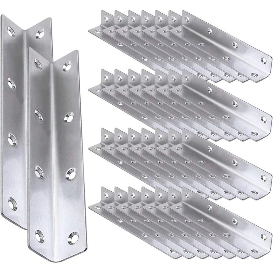 8pcs Heavy Duty Stainless Steel Corner Brackets | Long L-Shaped Mounting Brackets, Suitable For Wooden Furniture Cabinet Repair And Reinforcement - A - View 1
