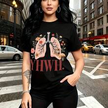 Camiseta de mujer con estampado artístico de pulmones rosados y flores rojas con la leyenda YHWH - diseño urbano moderno con cuello redondo, ajuste cómodo y fresco, estilo alternativo perfecto para paseos por la ciudad o reuniones informales - regalo - Negro - Ver 11