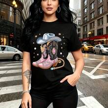 Camiseta de mujer con estampado de bota vaquera rosa brillante con estrellas, lentejuelas y sombrero azul claro - camiseta casual de manga corta con ajuste cómodo y estilo urbano vibrante - ideal para paseos por la ciudad, salidas diarias y regalo pe - Negro - Ver 11