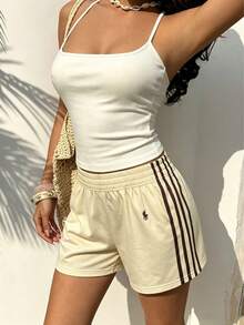 Solid Color Contrast Trim Elastic Waist Loose Shorts - Light Yellow - View 10