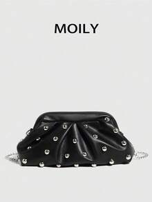 Bolsa de Praia com Franzido Nuvem Cravejada para Mulheres, Bolsa de Mão de Embreagem de Moda, Casual Diária, Bolsa de Maquiagem de Grande Capacidade, Bolsa de Ombro, Bolsa de Festa, Bolsa de Presente - Preto - Visão 2