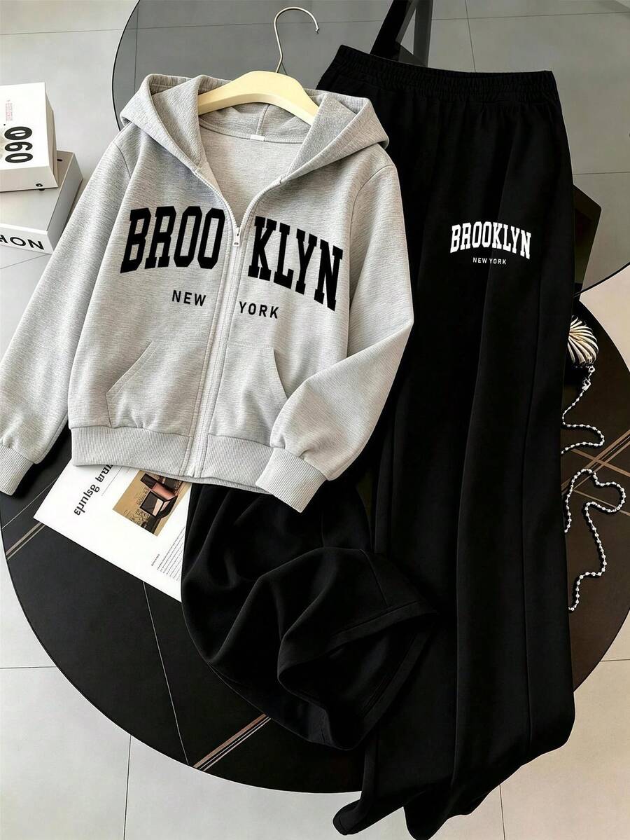 Teen Girls Campus Style Letter Print Zip-Up Hoodie + Casual Long Pants 2-Piece Set, Autumn/Winter Outfit. Suitable For Teen Back To School Wear. - Grey - View 1