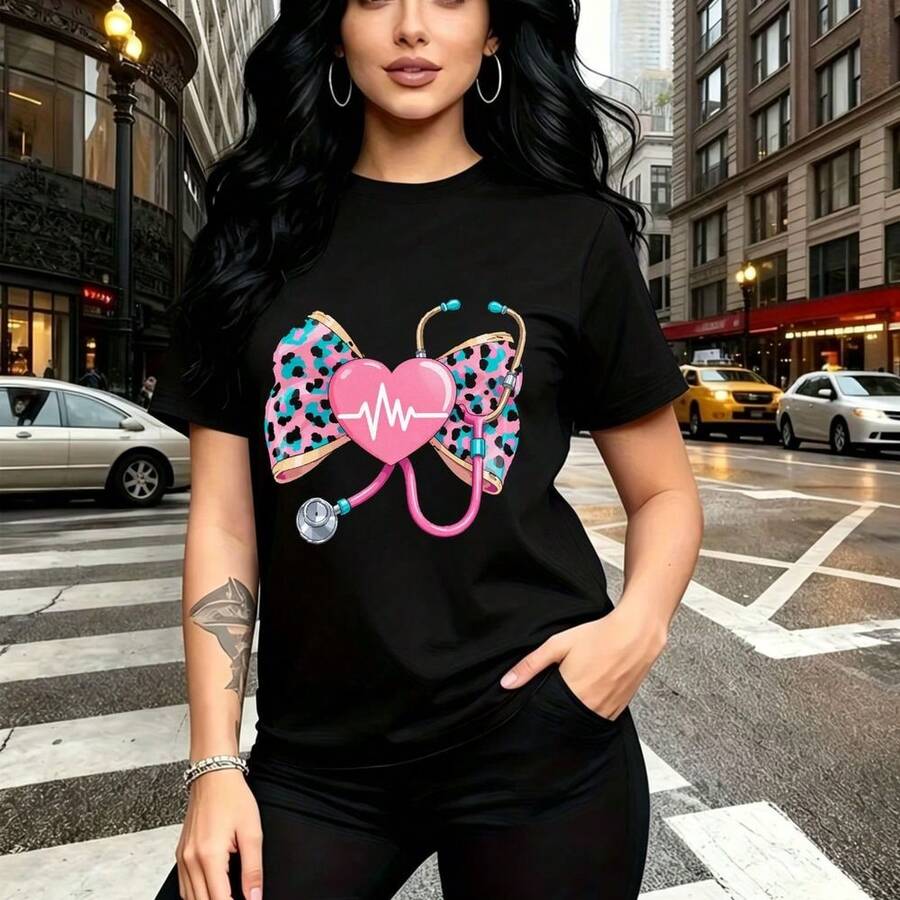 Camiseta de mujer con estampado de corazón médico rosa y estetoscopio sobre lazo de leopardo - camiseta casual de manga corta con ajuste cómodo y diseño único - ideal para el Día de las Madres, cumpleaños o regalo especial para mamá, esposa, novia, h - Negro - Ver 1